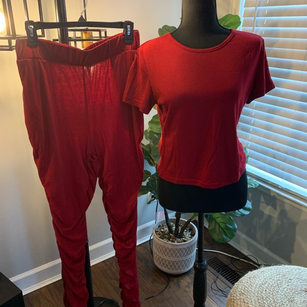 Women’s Red casual pant set with stacked leggings and matching tee